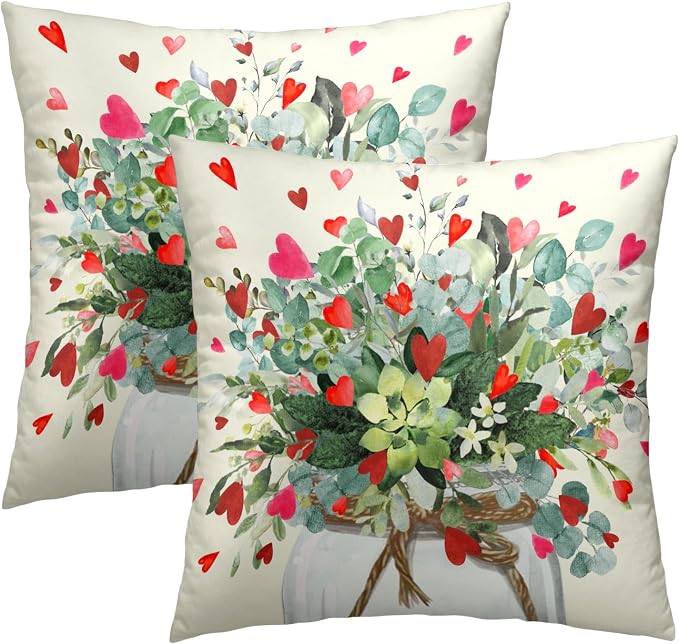 Eucalyptus Love Heart Pillow Covers 16x16, Mason Jar Leaves Red Hearts Valentine's Day Decorative Pillow Cases Soft Square Cushion Cover for Wedding Party Home Decor Set of 2