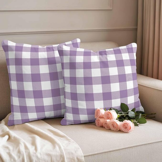 Waterproof Throw Pillow Covers 18x18 Set of 2, Farmhouse Purple White Buffalo Lattice Outdoor Pillowcases with Invisible Zipper, Pastoral Gingham Decorative Cushion Covers for Patio Garden Sofa Couch