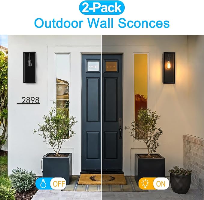 VerRon 16” Exterior Waterproof Outdoor Lights with Glass Shades, 2-Pack | Black Porch Lights Wall Mounted, Anti-Rust E26 Modern Outdoor Wall Lanterns for Patio Garage Entryway Front Door