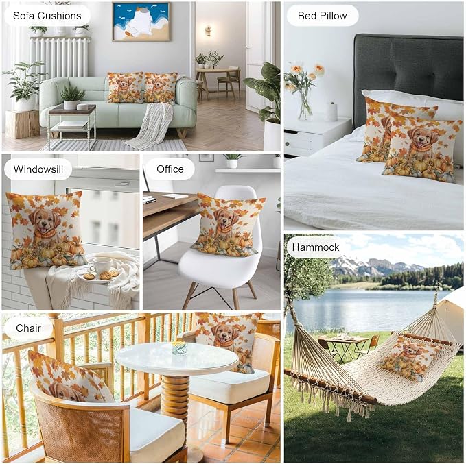 Orange Cute Dog Outdoor Waterproof Pillow Covers, Fall Pumpkins Maple Leaves Retro Pastoral Decorative Square Throw Pillowcase Sofa Cushion Sham for Patio/Couch/Chair, 24"x24" 2 Pack