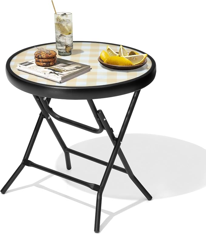 Foldable Patio Side Tables, 17.7" Small End Table Outdoor Weatherproof, Round Glass Top Outside Folding Table for Poolside, Balcony, Yard, Porch（Yellow）