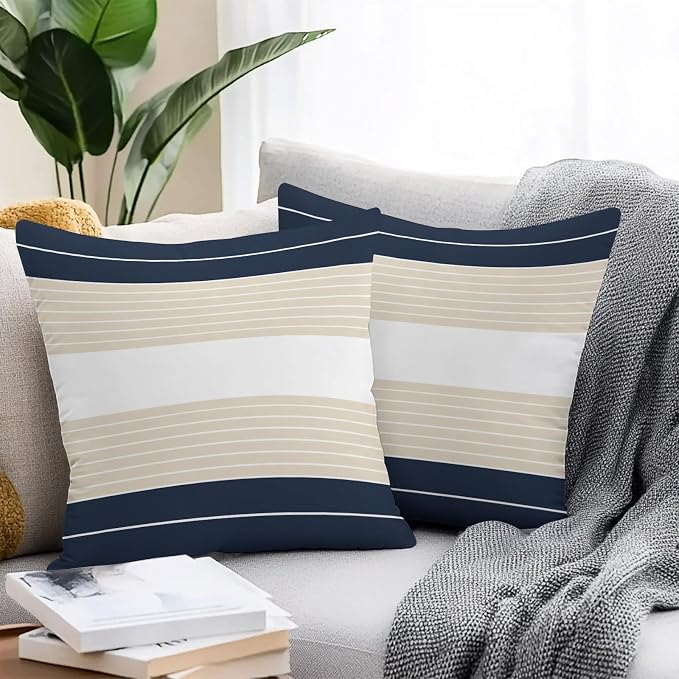 Navy Blue Beige Stripe Outdoor Pillow Covers Waterproof, All Weather Cushion Case Set of 2, Modern Art Horizontal Striped Decorative Pillowcases for Sofa Couch Bed Decor Patio Furniture 16"x16"