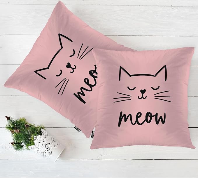 Swono Cat Throw Pillow Covers, Cute Kitten Cat Meow Set of 2 Pillow Cases Decorative 18 X 18 Inches, Soft Cushion Cover Pillowcases for Bedroom, Living Room, Cushion Sofa, Pink