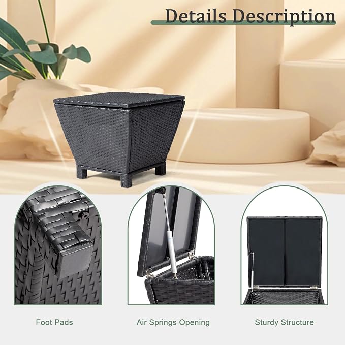 VINGLI Outdoor Side Table with Storage, 13-Gallon Patio Deck Box Outdoor Wicker Side Table for Poolside Balcony Storage Table (Black, Trapezoid)