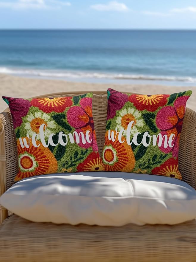 Outdoor Waterproof Throw Pillows 18x18in, Farmhouse Rustic Orange Red Floral Patio Pillows Pack of 2, Decorative Pillow Covers with Insert, Pillow Cushion Case for Garden Abstract Green Leaves
