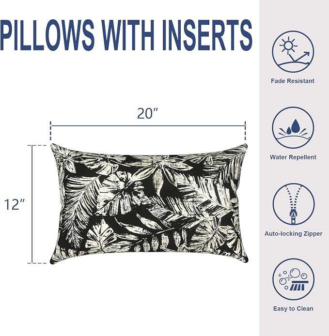 Outdoor Lumbar Pillows 12x20 Inch, Water Repellent Cushion Pillows, Outdoor Pillows with Inserts for Home Garden Pack of 2, Tropical Leaf Black
