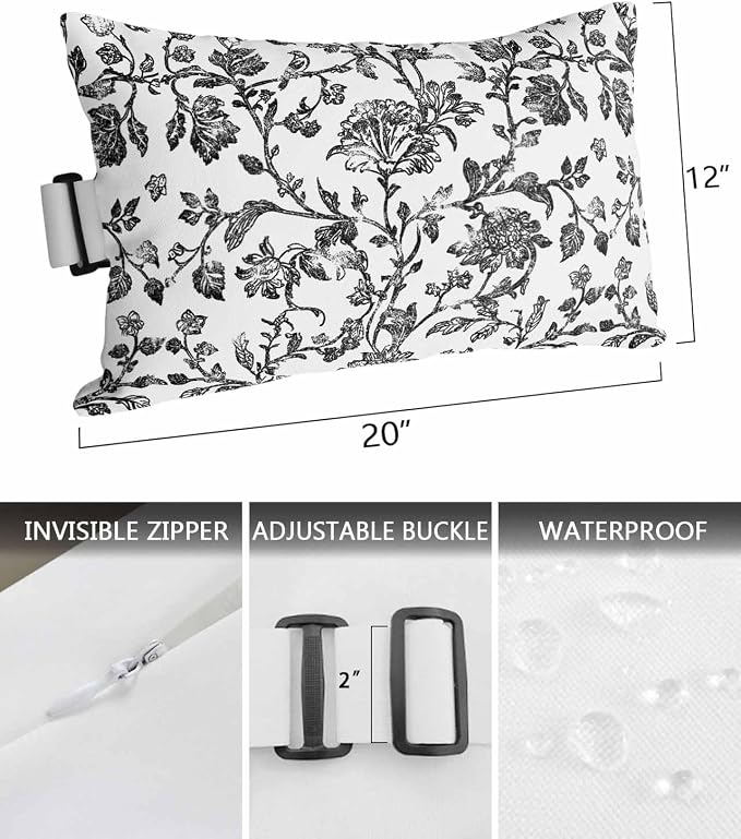 Pack of 2 Outdoor Lumbar Pillow Covers 12x20 Inch, Black Flower Waterproof Throw Pillow Covers Set, Vintage Farmhouse Boho Leaf Spring Plant Indoor&Outdoor Cushion Cases for Patio Porch Beach