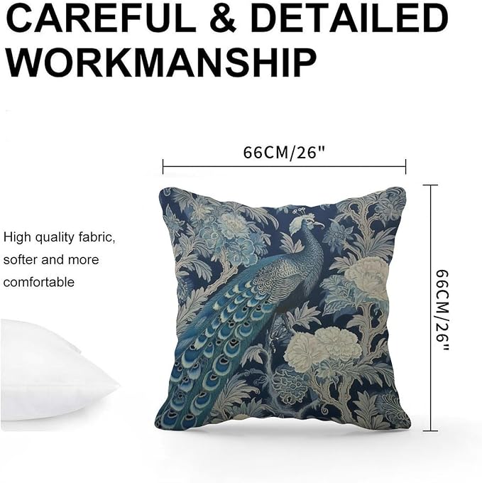 Blue Peacock Chinoiserie Cushion Cases Blue Grey Asian Flower Throw Pillow Cover Rustic Decorative Cushion Cases Home Decor for Sofa Patio Couch 26x26 in