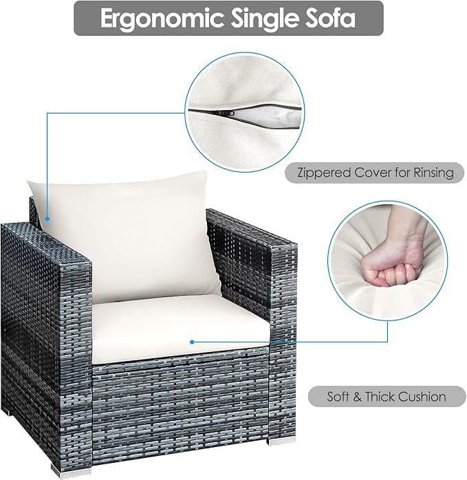 HAPPYGRILL 3 PCS Patio Conversation Set Outdoor Rattan Wicker Sofa Set with Coffee Table Patio Furniture Set with Soft Cushions for Balcony Porch Backyard Garden