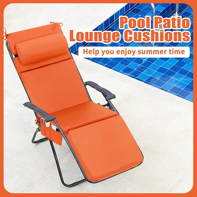 RattanView 1 Pcs Outdoor Chaise Lounge Cushion with Pillow and Side Pockets Waterproof Lounge Chair Cushion for Outdoor Furniture Patio Lounger Pad for Outside Pool Lawn (Orange,72 x 21 x 4)