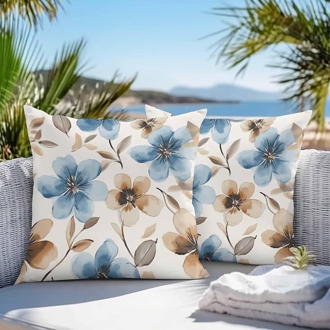 Garden Outdoor Throw Pillow Cover Spring Blossom Flower Waterproof Cushion Covers 2 Pack Pillow Cases Home Decoration for Patio Garden Couch Sofa,Watercolor Floral Leaves