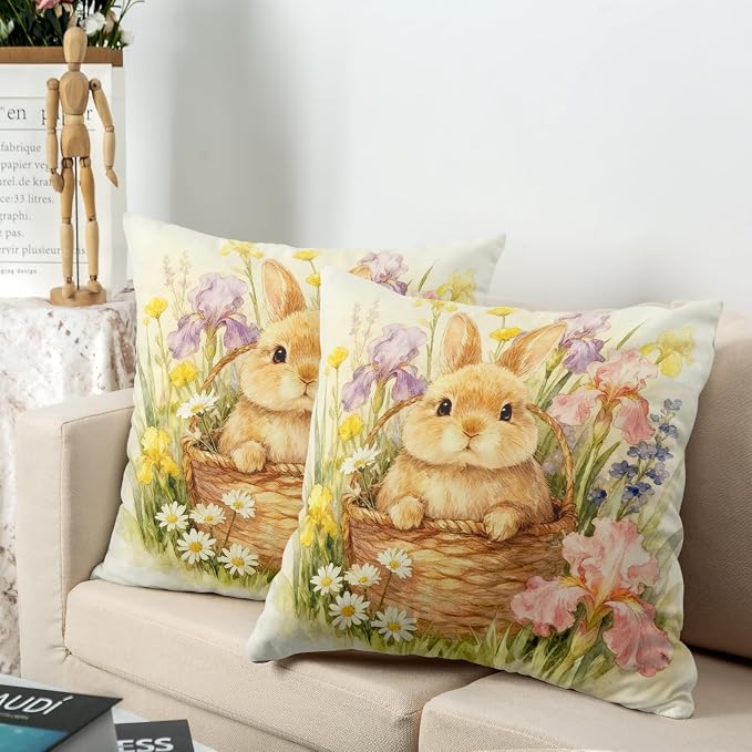 Easter Throw Pillow Covers Watercolor Lovely Bunny Pillow Covers 18x18 Spring Rabbit with Iris Daisy Floral Pillow Cases Happy Easter Farmhouse Cushion Cases for Home Sofa 2 Pack