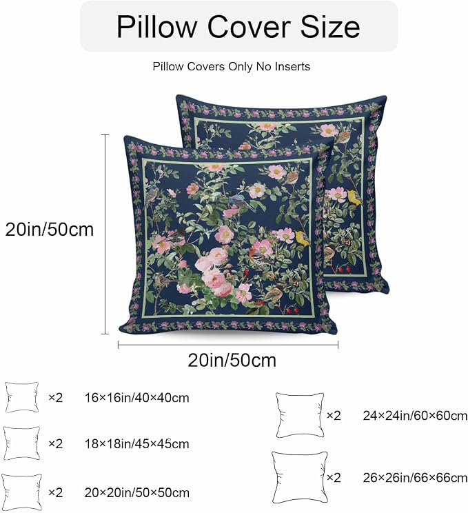 Vandarllin Outdoor Throw Pillows Covers 24x24 inch Set of 2 Waterproof Pink Floral Bird Decorative Zippered Cushion Covers for Patio Furniture, Green Leaves Branches Navy Blue Lumbar Pillowcases