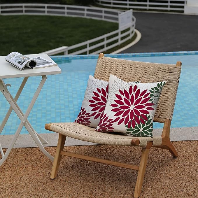 DFXSZ Outdoor Waterproof Pillow Covers 18x18 Set of 2 Red Dark Green Flower | Spring Summer Waterproof Flower Throw Pillowcases（No Inserts）Decor for Christmas Patio Funiture Garden Polyester Covers