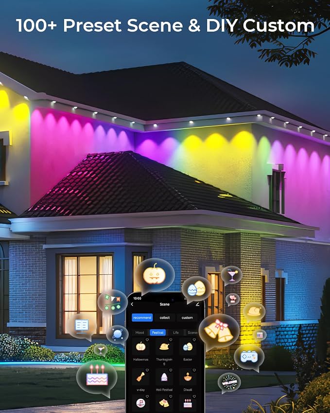 CINOTON Permanent Outdoor Lights 150ft, Smart RGBW+IC Eaves Lights with 90LEDs, IP67 Waterproof, 111 Scene Modes for Daily and Festival, Halloween Christmas Holiday Decor, APP/Voice/Remote Control