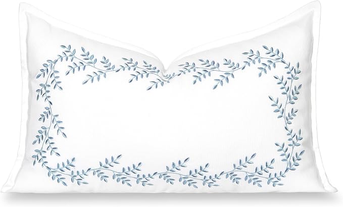 Hofdeco Premium Grandmillennial Coastal Hampton Patio Indoor Outdoor Lumbar Pillow Cover Only, 12"x20" Water Repellent for Backyard, Couch, Poolside, Baby Blue Embroidered Leaves Frame