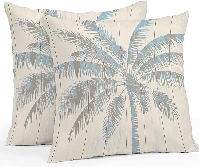Summer Palm Trees Waterproof Outdoor Pillow Covers 20''x20'' Set of 2, Summer Wood Grain Patio Furniture Vintage Cushion Covers for Chairs, Decorative Blue Tropical Pillow Cases for Garden/Pool/Beach