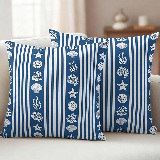 Striped Outdoor Waterproof Throw Pillow Covers Set of 2, 20"x20", Ocean Navy Blue Starfish Shell Jellyfish Coral Decorative Pillow Covers Outside Cushion Case for Patio Porch Garden