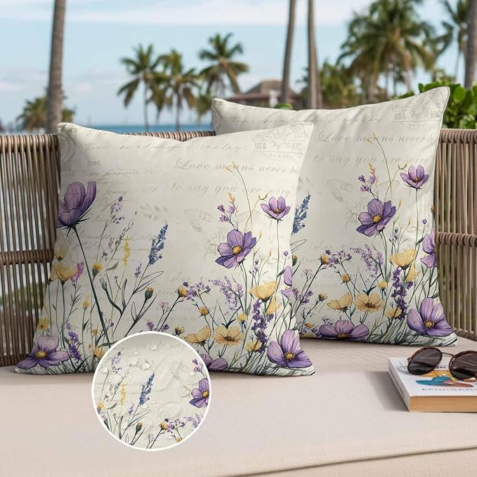 Spring Floral Outdoor Waterproof Throw Pillow Covers Set of 2, 16"x16", Purple Yellow Flower Leaves Retro Letter Texture Decorative Pillow Covers Outside Cushion Case for Patio Porch Garden