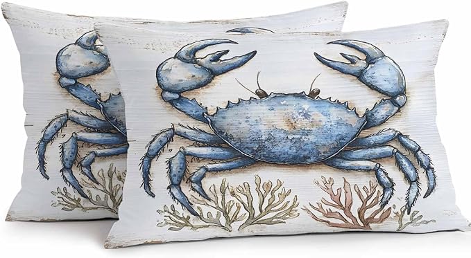 Blue Crab Coastal Outdoor Waterproof Pillow Covers, Nautical Summer Coral Ocean Beach Decorative Rectangle Throw Pillowcase Sofa Cushion Sham for Patio/Couch/Chair, 20"x12" 2 Pack