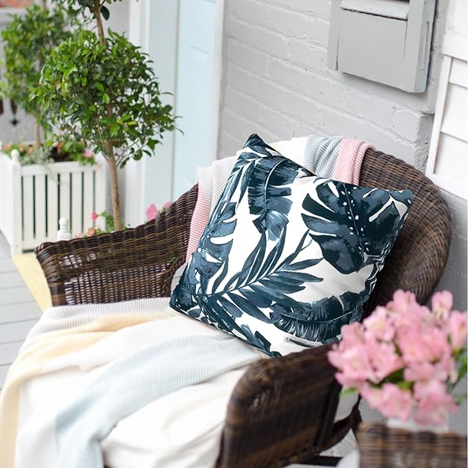 Outdoor Throw Pillow Covers 16x16 Inch, Square Patio Pillow Cases Pack of 2, Modern Decorative Back Cushion Covers for Patio Furniture Garden Couch Farmhouse, Palm Blue