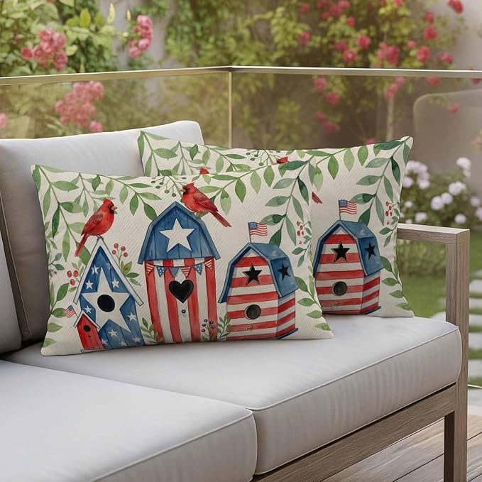American Flag Bird House Outdoor Pillow Covers Waterproof, All Weather Cushion Case Set of 2, Green Eucalyptus Beige 250th Lumbar Pillowcase for Sofa Couch Bed Decor Patio Furniture 20"x12"