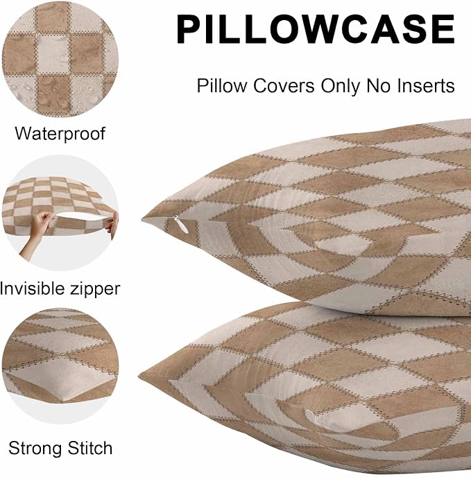 Brown Beige Checkered Outdoor Pillow Covers 16x16 Inch Throw Pillow Covers Set of 2 Waterproof Decorative Pillow Cases Modern Farmhouse Plaid Burlap Cushion Covers for Patio Furniture Garden Couch