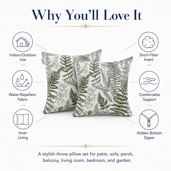Outdoor Pillows 18×18 Inch Decorative Throw Pillows with Inserts | Set of 2 Fade Resistant Patio Pillows for Porch Garden Couch and Patio Furniture