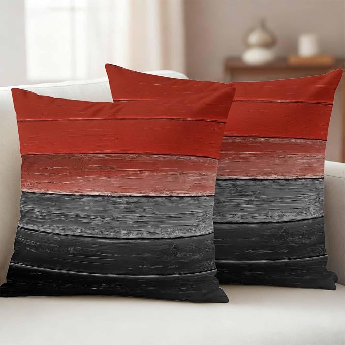 Red Gray Black Outdoor Pillow Covers 16x16 Inch Throw Pillow Covers Set of 2 Waterproof Decorative Pillow Cases Vintage Country Gradient Wooden Grain Cushion Covers for Patio Furniture Garden Couch
