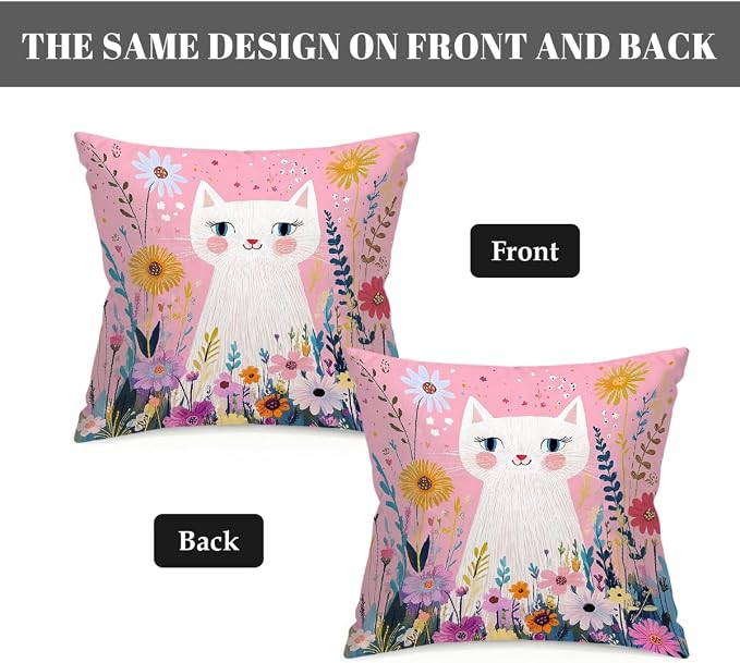 18x18 Inch Outdoor Pillow Covers Set of 2 Waterproof Throw Pillow Covers Decorative Couch Cushion Covers Pink Cat Garden Flowers Square Pillowcases Protectors for Patio Garden Sofa