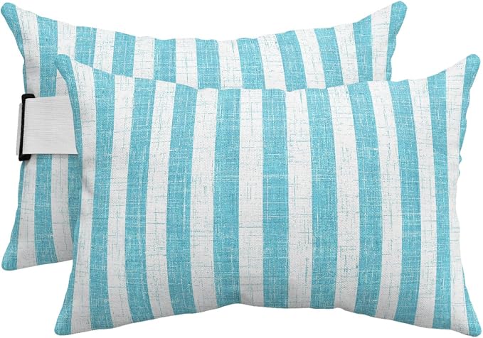 Outdoor Pillows with Insert 2 Pack-12"x20" Teal Stripes Head Pillow for Pool Lounger and Office Chair Modern Farmhouse Linen Texture Lumbar Pillow with Adjustable Strap