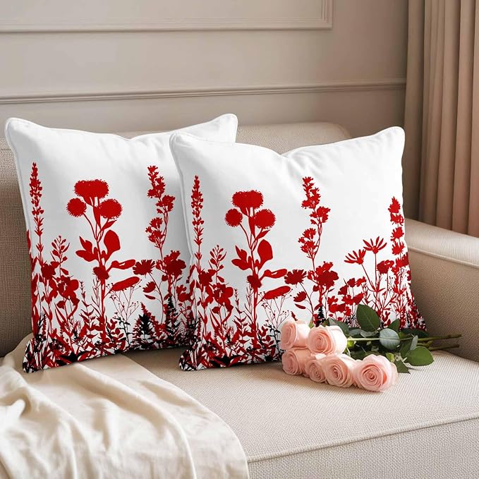 Red Flowers Waterproof Outdoor Pillow Covers Set of 2 Home Decor, Rustic Spring Wild Floral Herbs Plants Pillowcase Patio Pillow Covers for Couch Bench Furniture Garden 24x24in