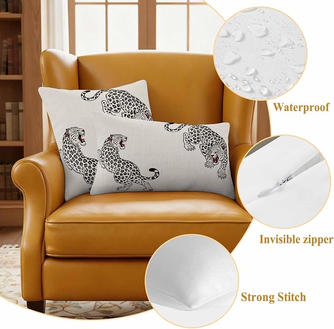 Yukro Beige Leopard Outdoor Waterproof Pillow Covers Pack of 2, Modern Style Wild Animal Rustic Linen Texture Throw Pillowcases Decorative Cushion Covers for Garden Patio Tent Sofa Couch, 18x18 inch