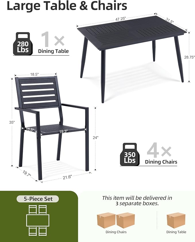 5-Piece Outdoor Dining Set - All-Weather HDPE Patio Table and 4 Stackable Chairs with Rust-Proof Steel Frame, Space-Saving Patio Furniture Set for Backyard (Black)