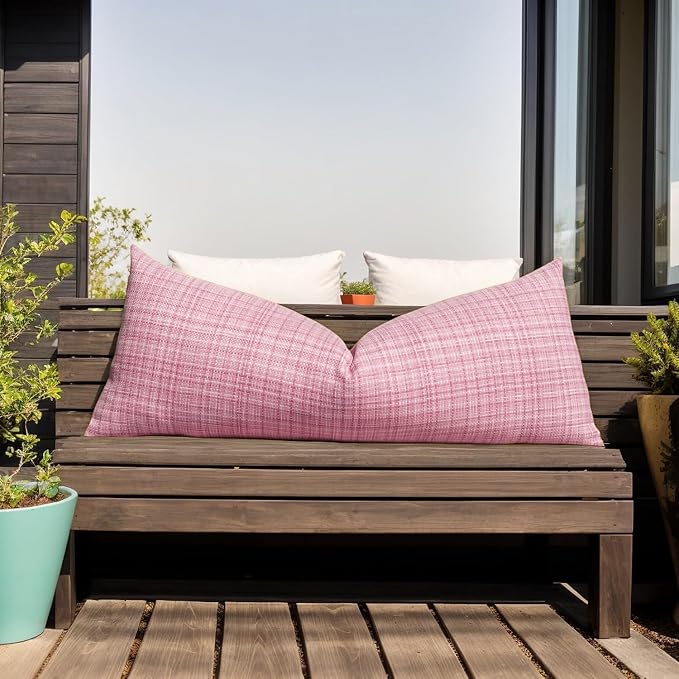Kevin Textile Outdoor Waterproof 14"x36" Lumbar Pillow Cover 1 Pack, Pink | Water Resistant, Faux Linen Yarn-dyed, Woven Texture Throw Pillow Covers for Tent Patio Garden Couch Sofa