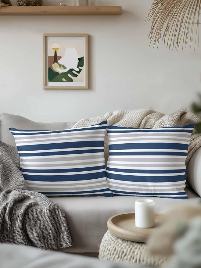 Outdoor Waterproof Throw Pillows Classic Modern Striped Patio Pillows Pack of 2,Decorative Pillow Covers with Insert,Pillow Cushion Case for Garden Couch Sofa Grey White Navy Blue