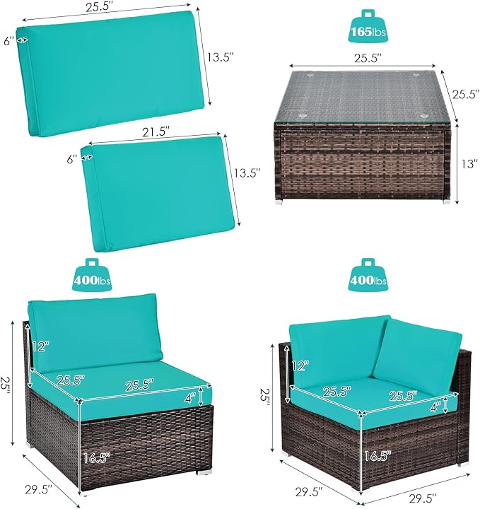 HAPPYGRILL 6 Pieces Outdoor Patio Furniture Set, PE Rattan Conversation Set with Tempered Glass Coffee Table and Cozy Cushions, Weather Resistant Sectional Sofa Set, Turquoise