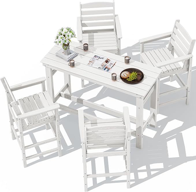 SERWALL Outdoor Bar Set - 4 Adirondack Bar Chairs & Bar Height Table with 1.6" Umbrella Hole, All-Weather HDPE Patio Furniture for Poolside, Backyard, Garden - White
