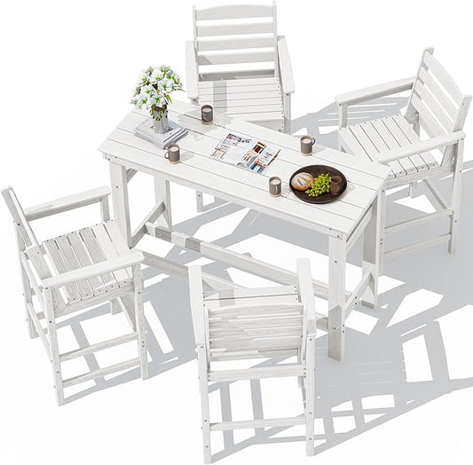 SERWALL Outdoor Bar Set - 4 Adirondack Bar Chairs & Bar Height Table with 1.6" Umbrella Hole, All-Weather HDPE Patio Furniture for Poolside, Backyard, Garden - White