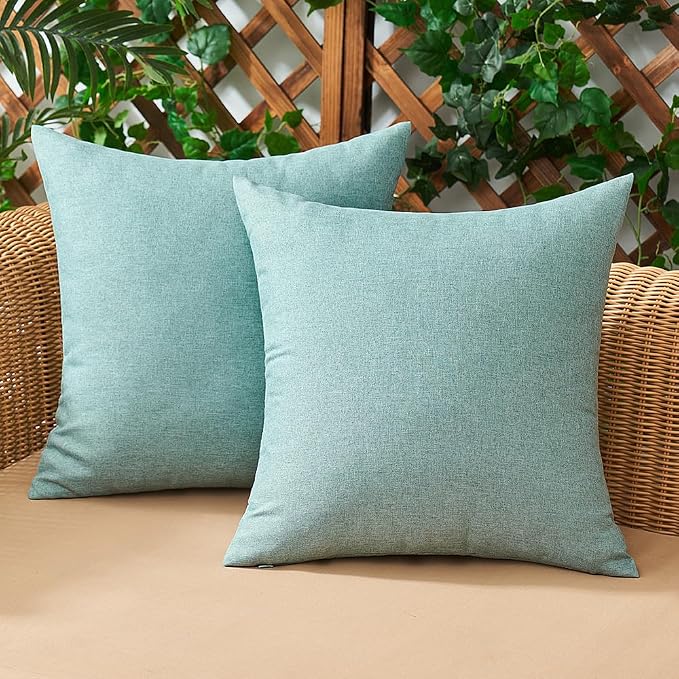 Outdoor Waterproof Throw Pillow Covers Teal 20x20 Set of 2 | Decorative Farmhouse Linen Pillowcases Solid Cushion Cases for Patio Tent Balcony Couch Sofa Living Room