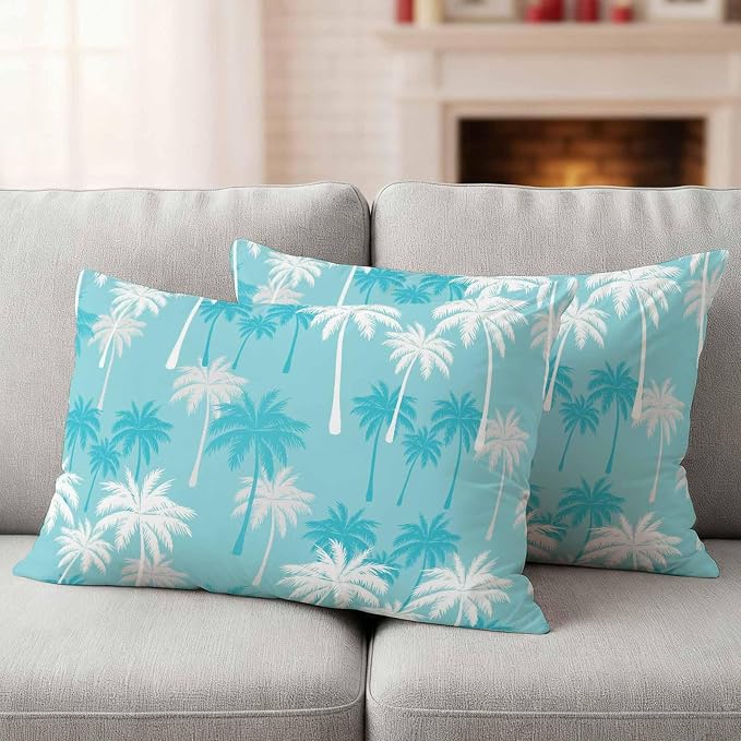 Lumbar Pillow Covers 20x12 Inch Set of 2, Tropical Palm Tree Waterproof Outdoor Pillow Covers, Blue Cyan Plants Coastal Leaf Beach Decorative Cushion Pillowcases for Couch, Sofa, Bed, Garden, Patio