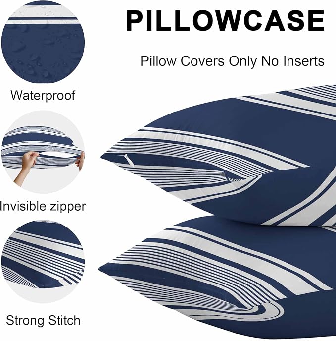 Vandarllin Outdoor Throw Pillows Covers 26x26 inch Set of 2 Waterproof Navy Blue Stripes Decorative Zippered Cushion Covers for Patio Furniture, Striped Lines Lumbar Pillowcases