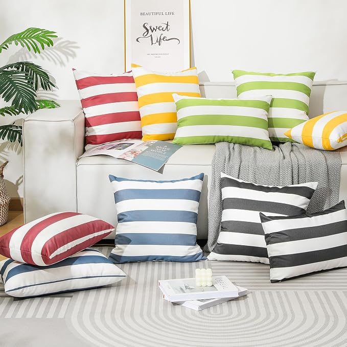 Lewondr 2 Pack Outdoor Throw Pillow Covers, 20"x20", Yellow + White | Square Stripe, Waterproof, For Outdoor Patio Porch Farmhouse Garden Balcony Couch, 50x50cm