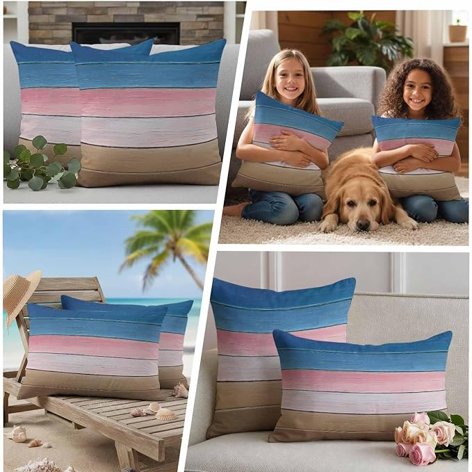 Outdoor Waterproof Pillow Covers for Patio Blue Pink Wood Grain Decorative Throw Pillow Cover Brown Ombre Wooden Pillowcases Set of 2 Cushion Case for Sofa Couch Chair 20x20 Inch