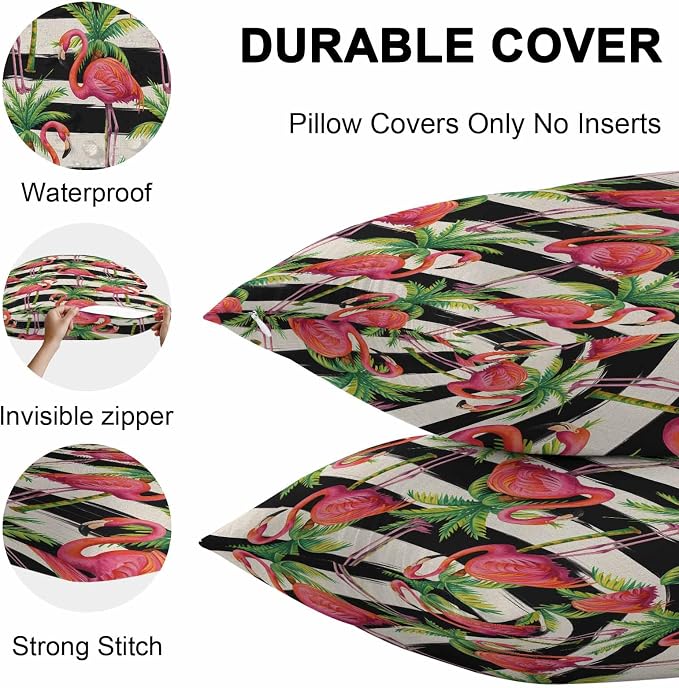 Vandarllin Outdoor Throw Pillows Covers 26x26 inch Set of 2 Waterproof Flamingo Decorative Zippered Cushion Covers for Patio Furniture, Tropical Palm Leaves Black Stripe Linen Lumbar Pillowcases
