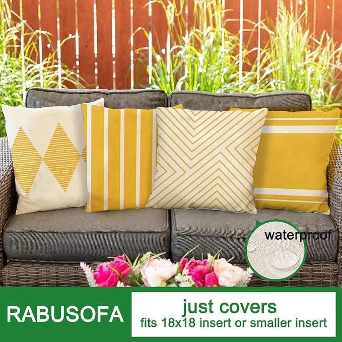 Outdoor Pillows Covers 18x18 Waterproof,Blue and Beige Set of 4(No Insert) | for Covered Patio Furniture Couch Sunbrella,No Insert Just Covers,Fit 18x18 inch Inserts or Smaller,Durable Polyester,Boho