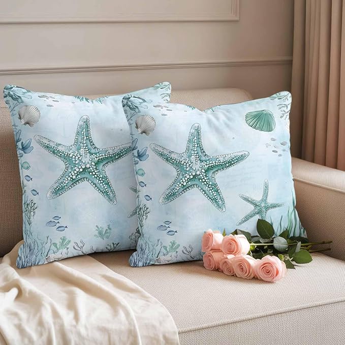 Coastal Starfish Waterproof Outdoor Pillow Covers Set of 2 Home Decor, Nautical Coral Tropical Fish Seashells Pillowcase Patio Pillow Covers for Couch Bench Furniture Garden 26x26in