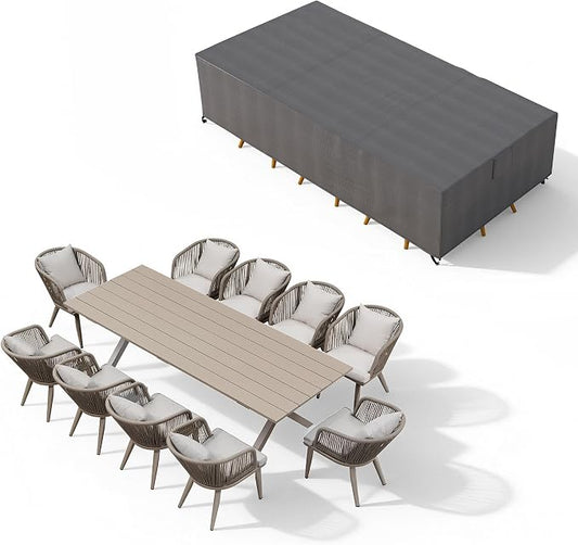 PURPLE LEAF 11 Pieces Patio Dining Set with Waterproof Furniture Cover Rectangular Table and Chairs Set for Garden Deck Aluminum Frame Backyard Kitchen Set, Cushions and Pillows Included Champagne