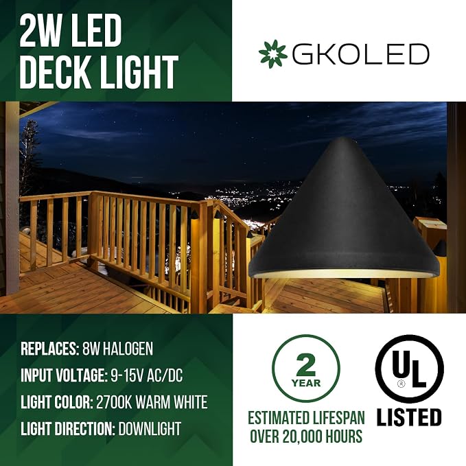 Low Voltage 9-15V AC/DC 2W LED Deck Lights, Triangle Landscape Post Fence Light, for Wet Location, Die-cast Aluminum, Accent Lighting Fixtures with Black Powder Coated Finish 6 Pack