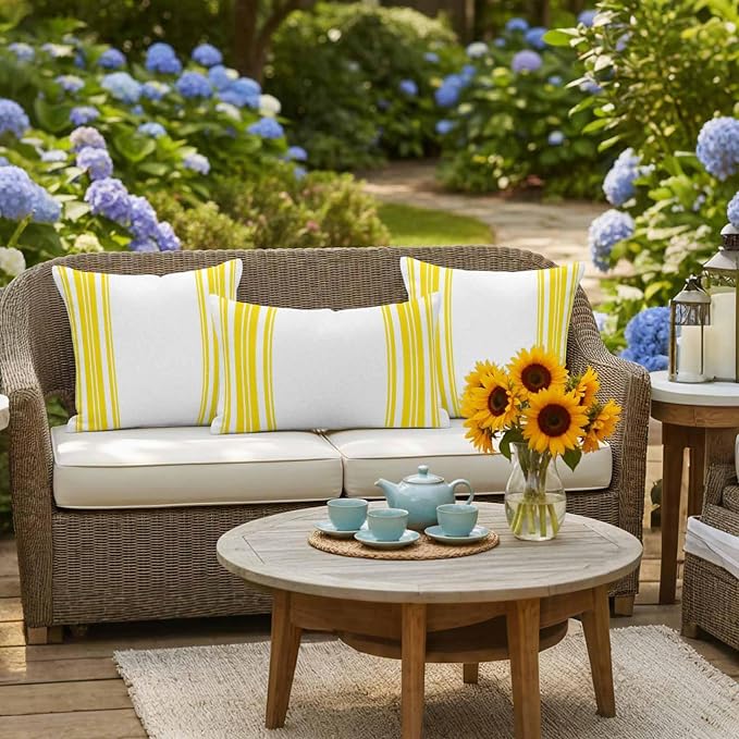 Outdoor Waterproof Throw Pillow Covers Set of 2 Yellow Stripes Pillowcases 24x24 Inches White Vertical Striped Decorative Pillows Cushion Case Patio Pillows for Couch Bed Chair Garden